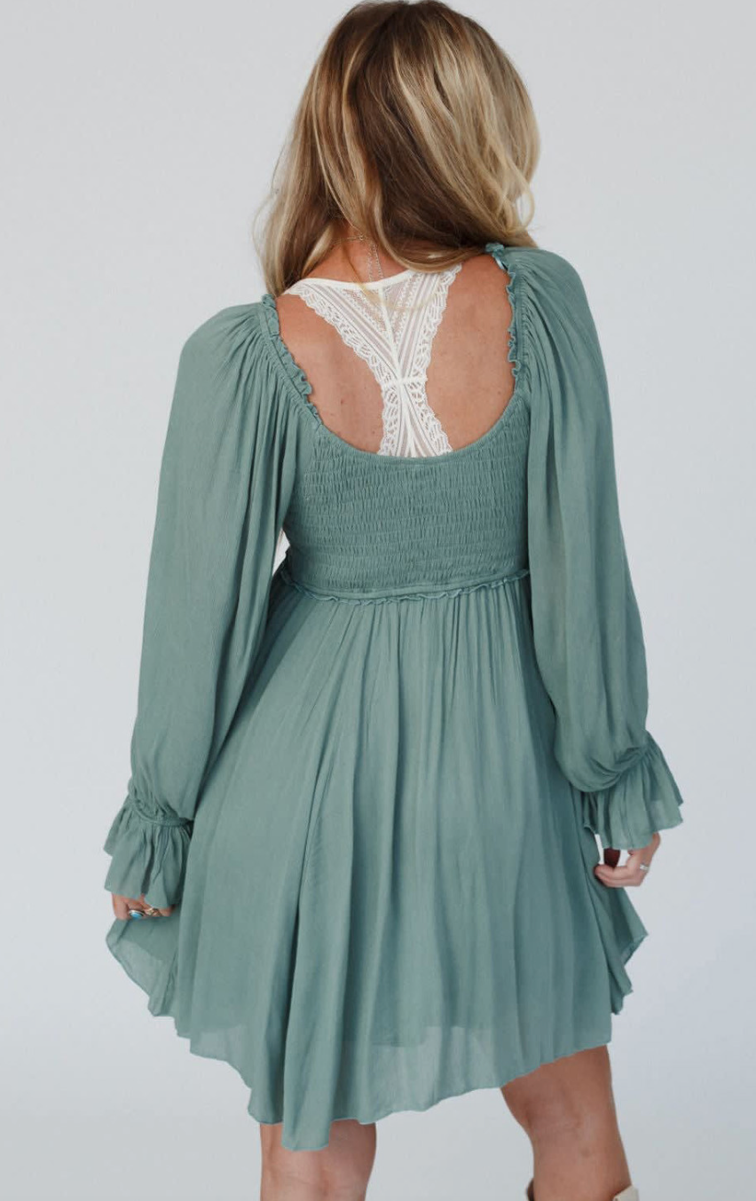 Green Smocked Ruffled Flowy Short Dress