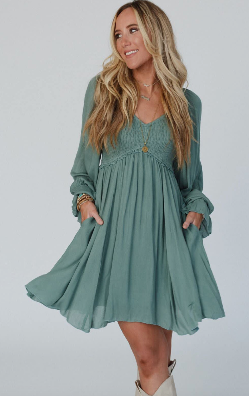 Green Smocked Ruffled Flowy Short Dress