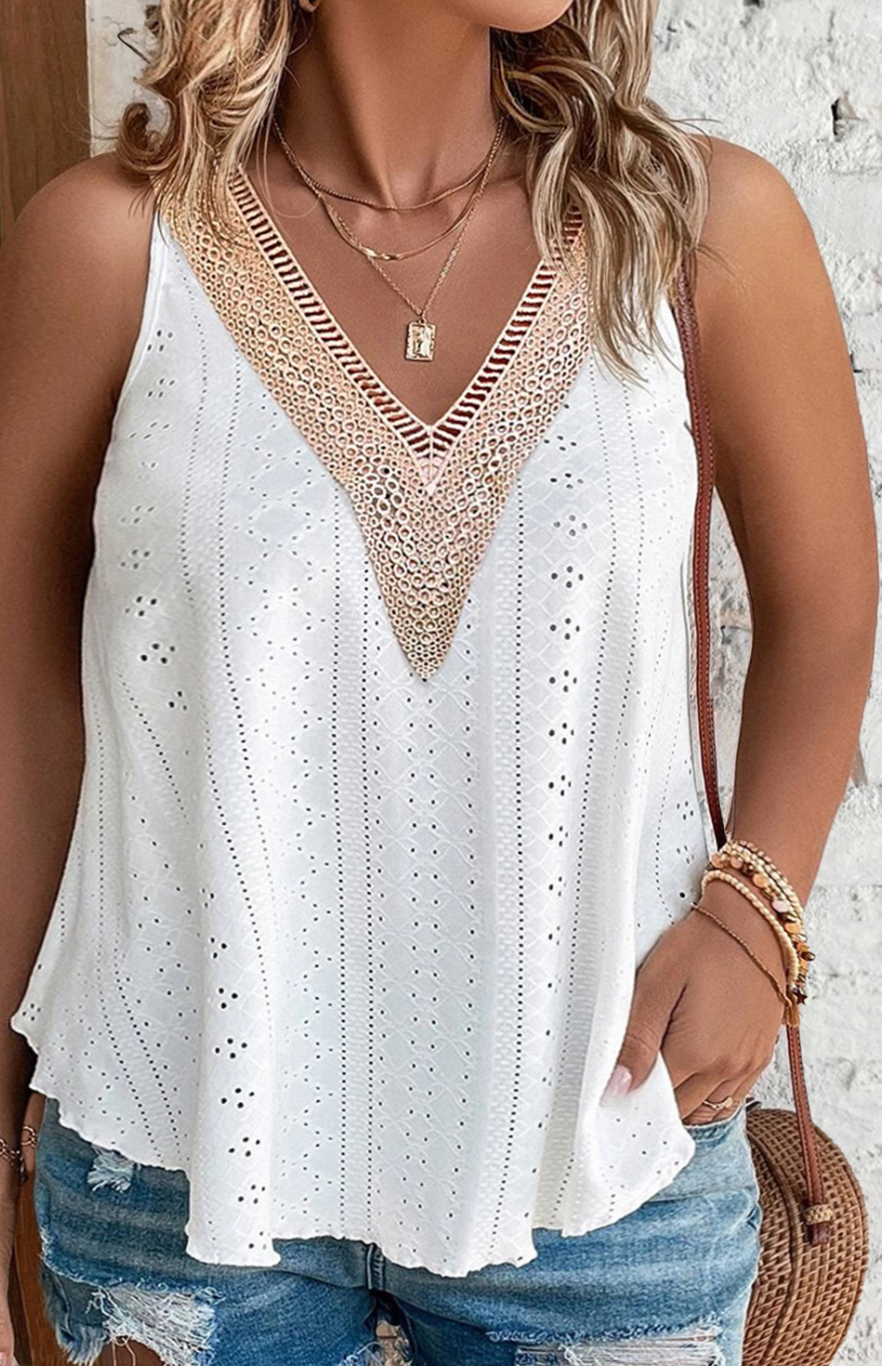 White Plus Size V Neck Eyelet Lace Tank Top