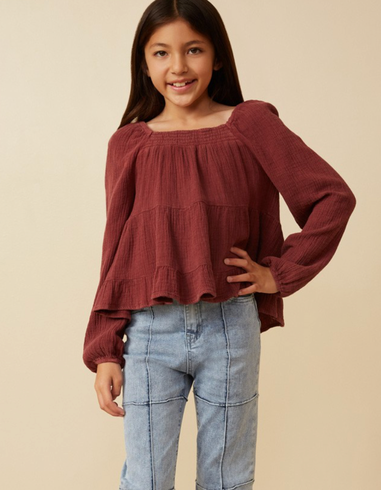 Girls Smock Detailed Textured Washed Peplum Top