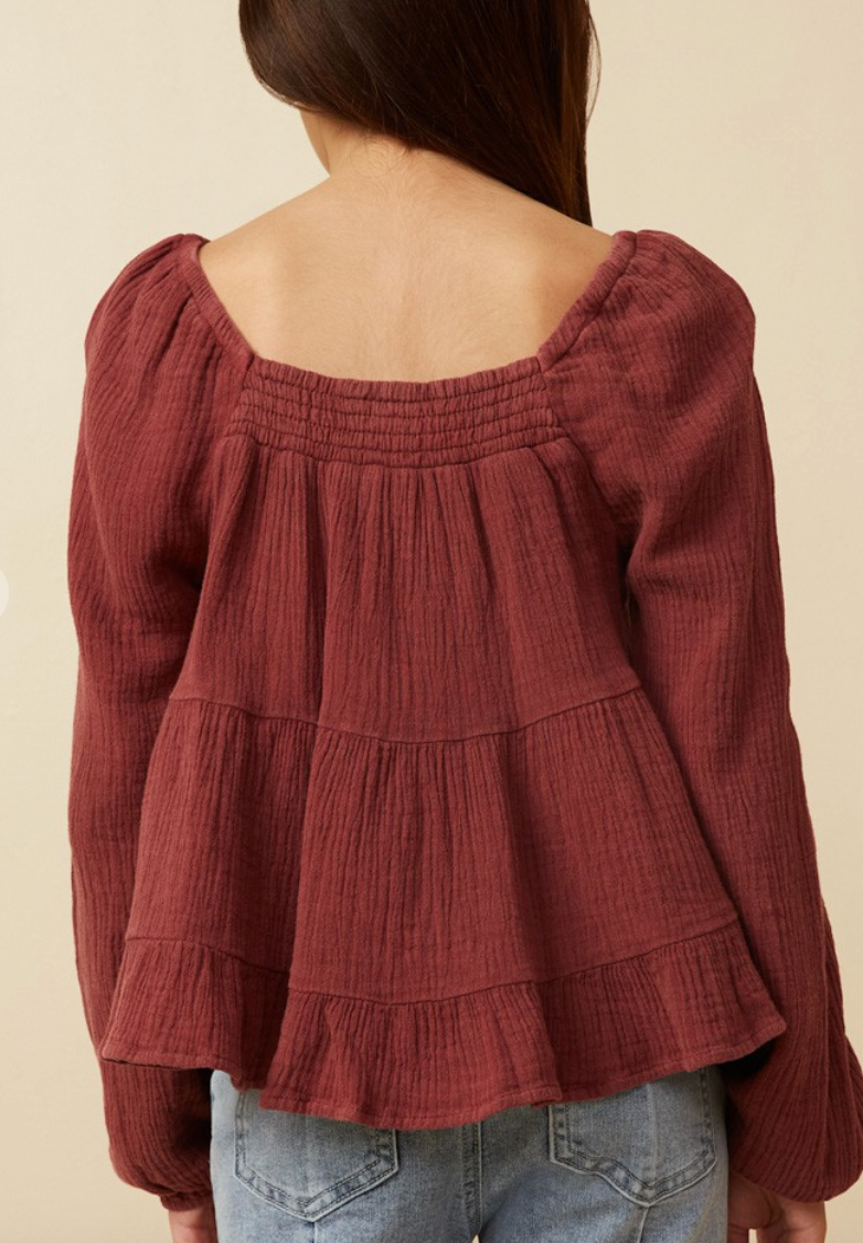 Girls Smock Detailed Textured Washed Peplum Top