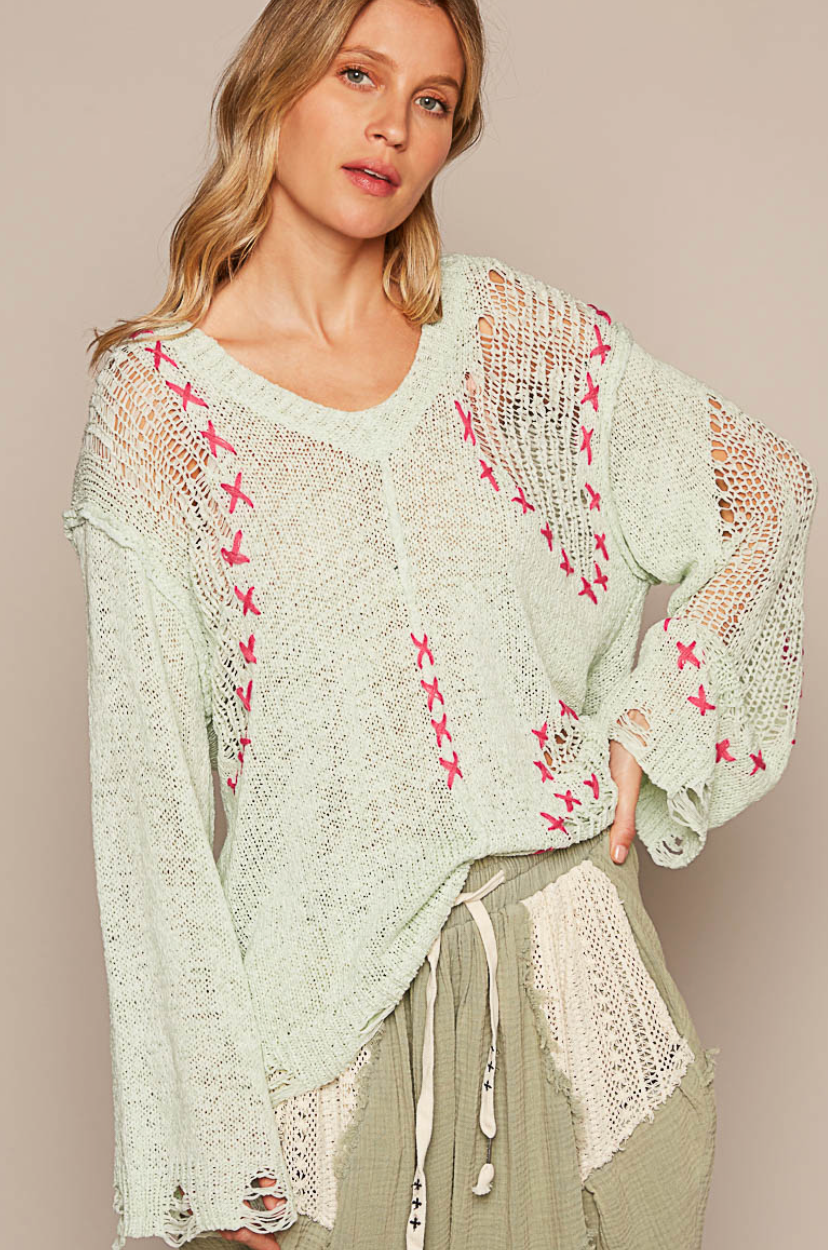 Lime Cream Distressed Sweater