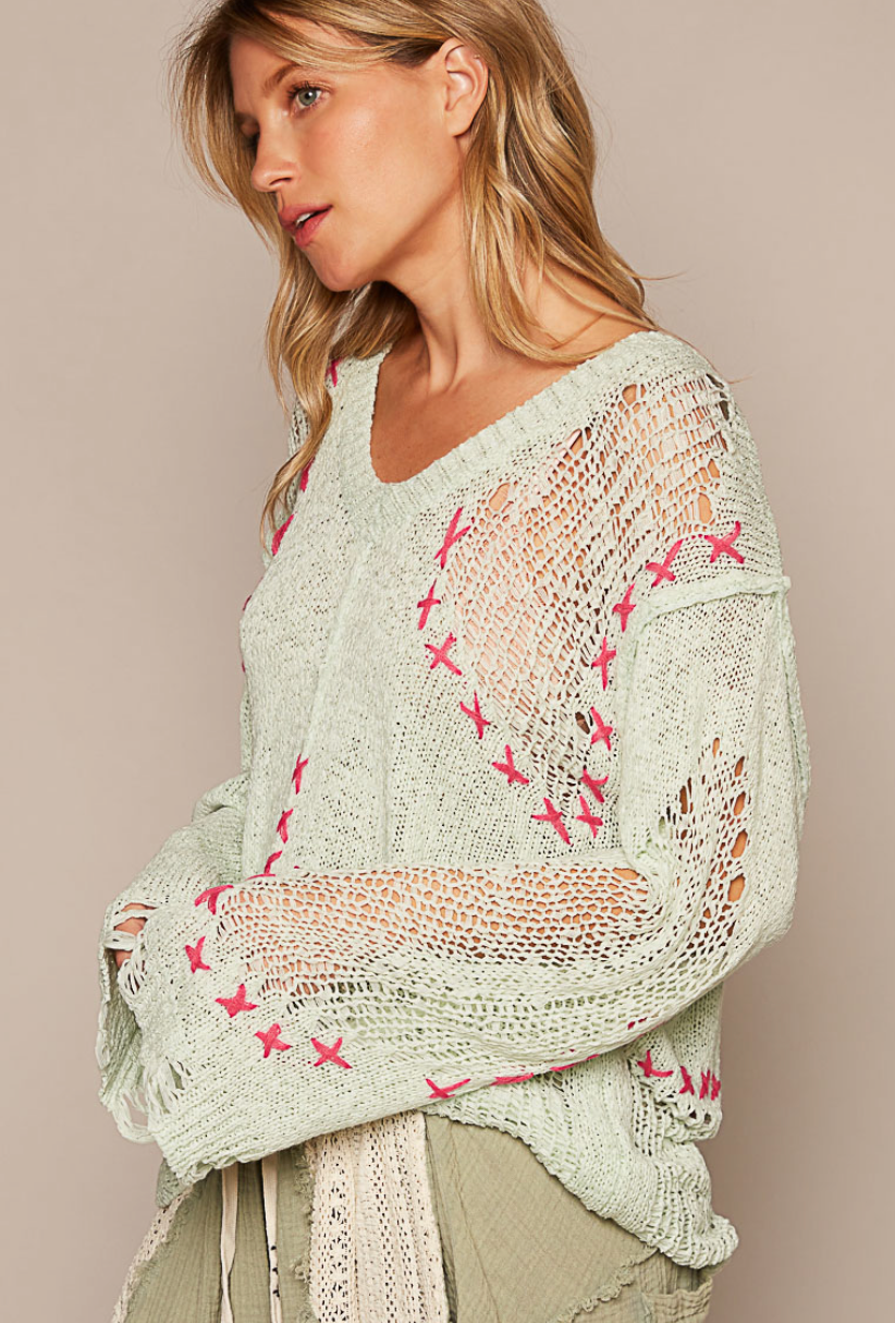 Lime Cream Distressed Sweater