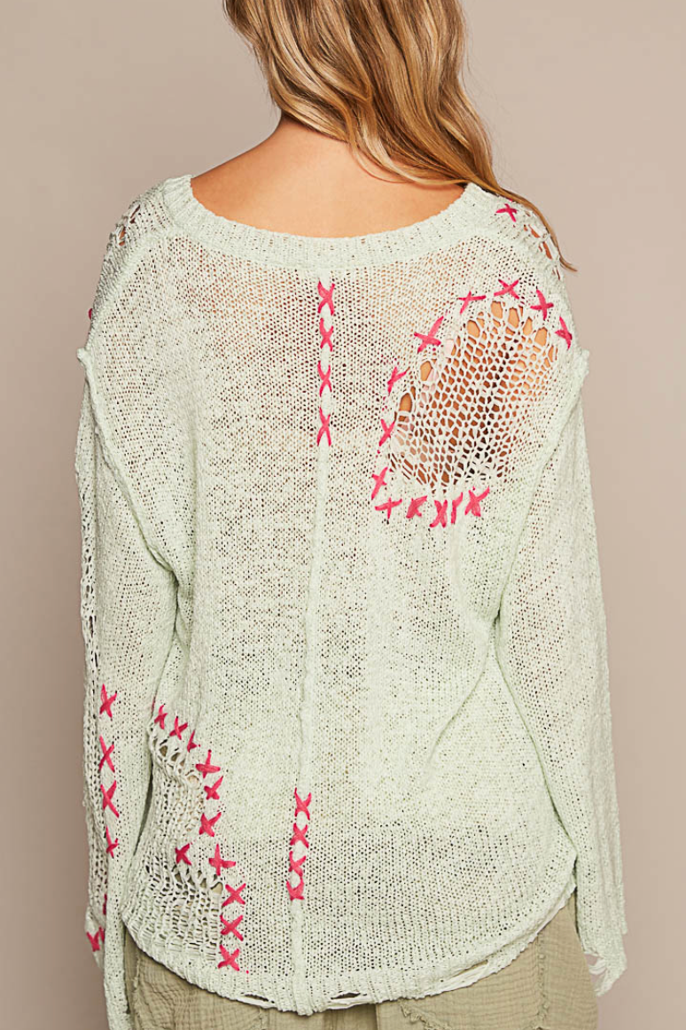 Lime Cream Distressed Sweater