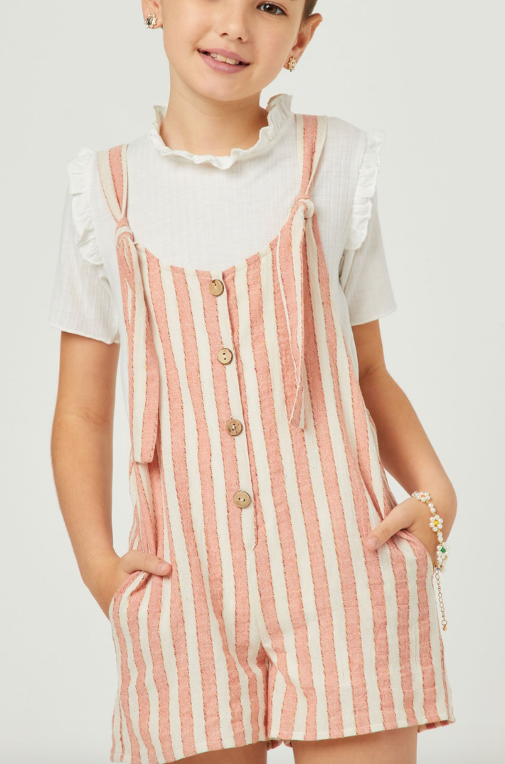 Girls Striped Button Detail Tie Knot Romper