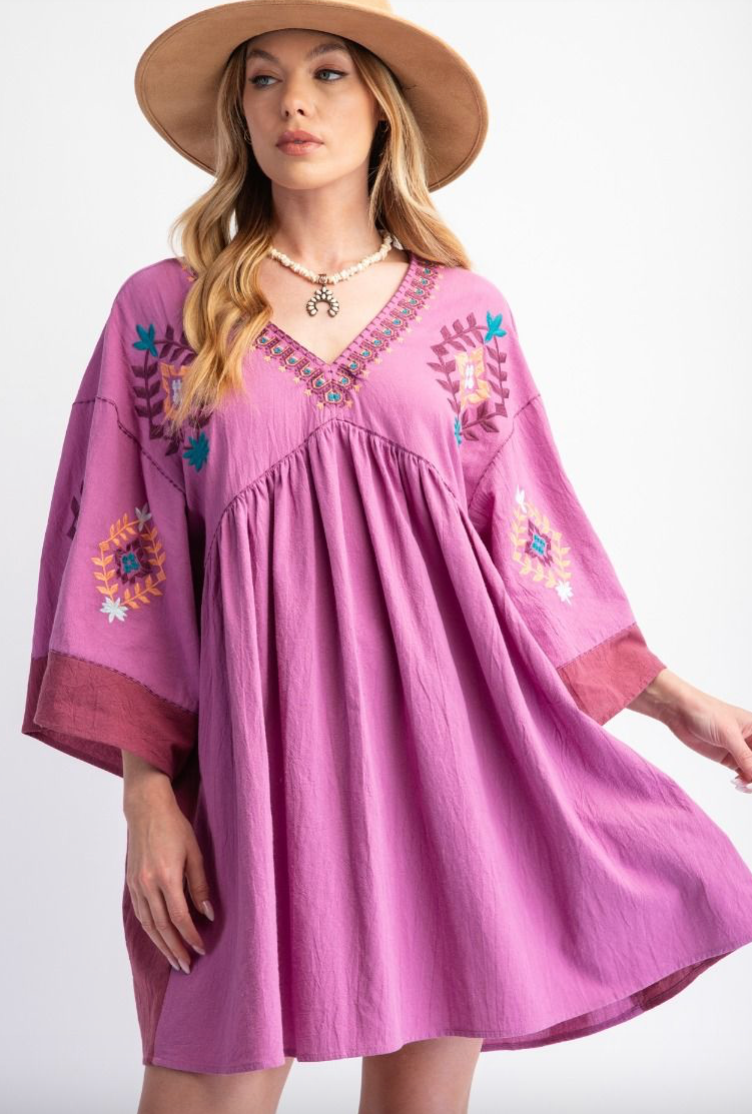 Pink Embroidered Woven Dress