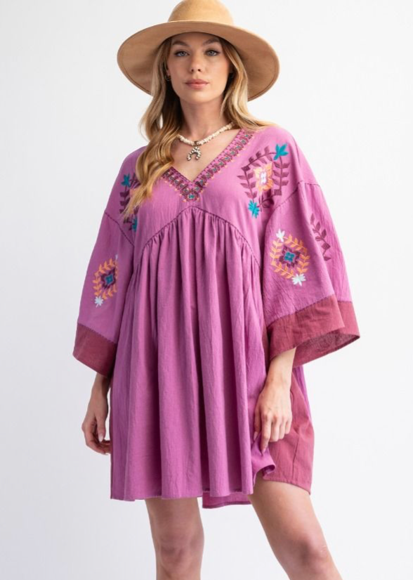 Pink Embroidered Woven Dress