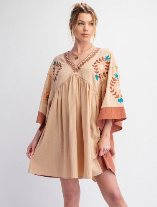 Tan Embroidered Woven Dress