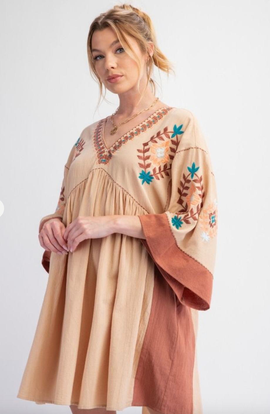 Tan Embroidered Woven Dress