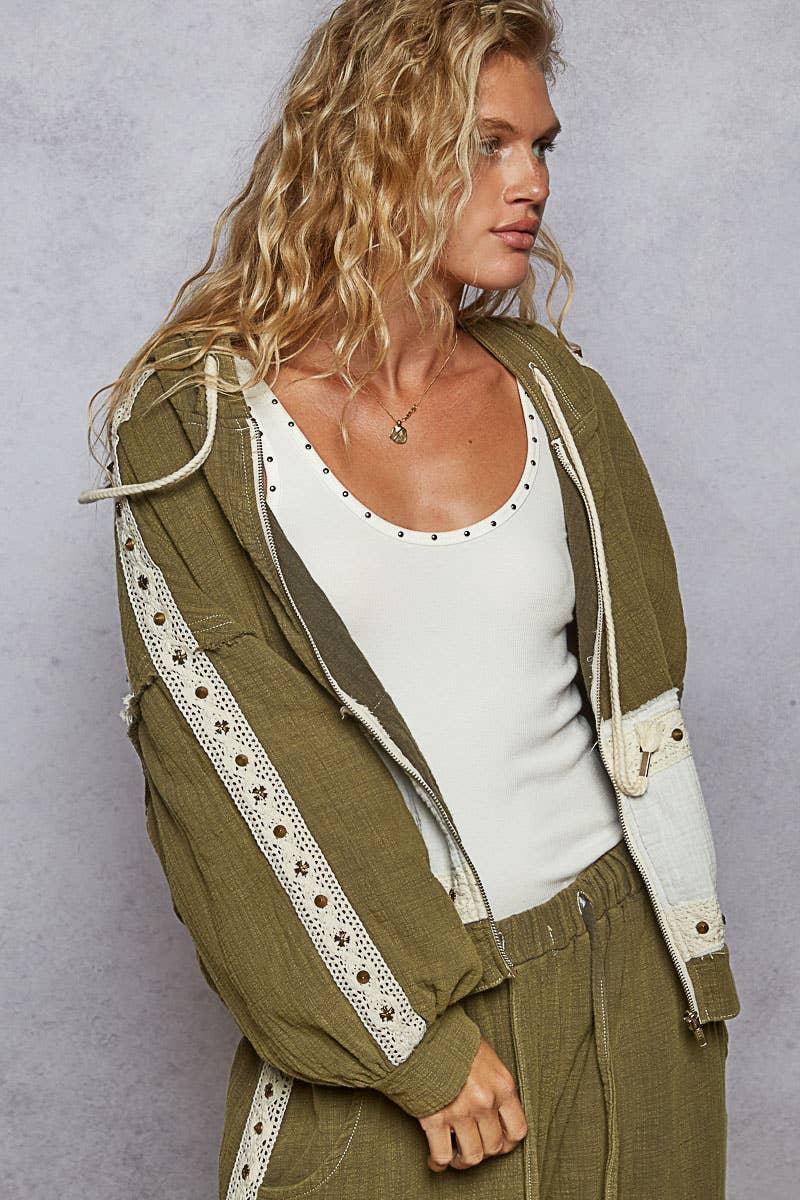 Vintage Gauze Stud Detail Hoodie Jacket