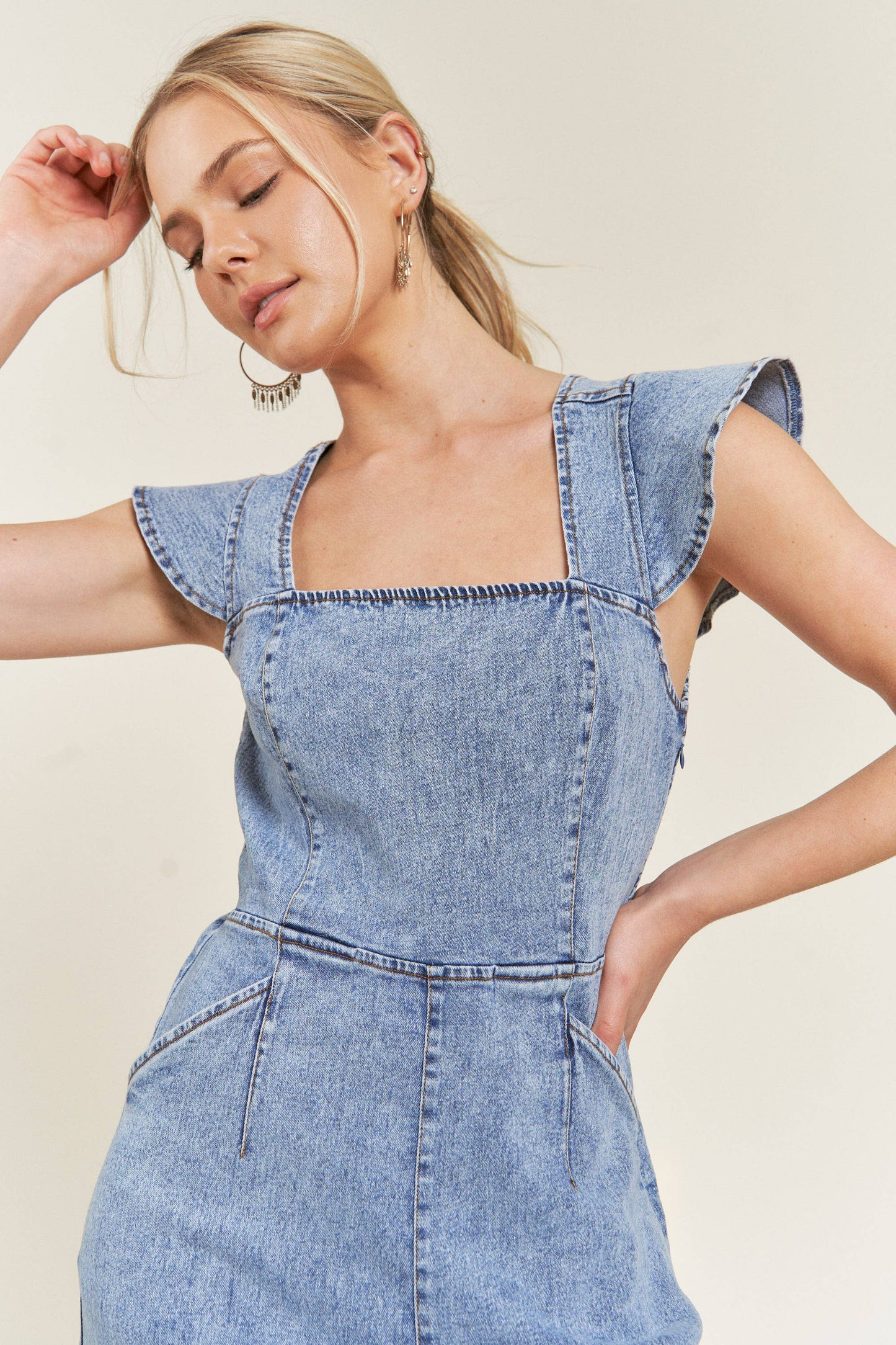 RUFFLED DENIM JUMPSUIT