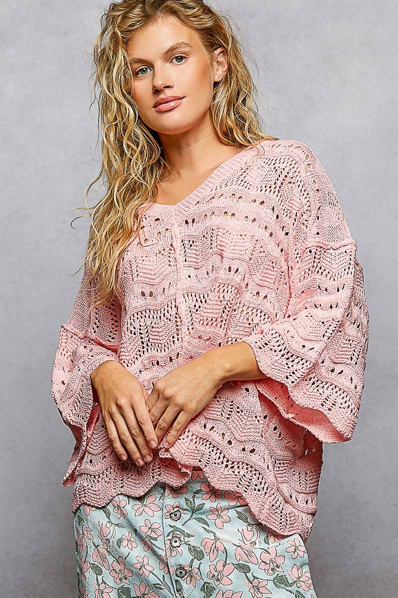 Open Knit V-Neck Oversized Short Sleeve Sweater