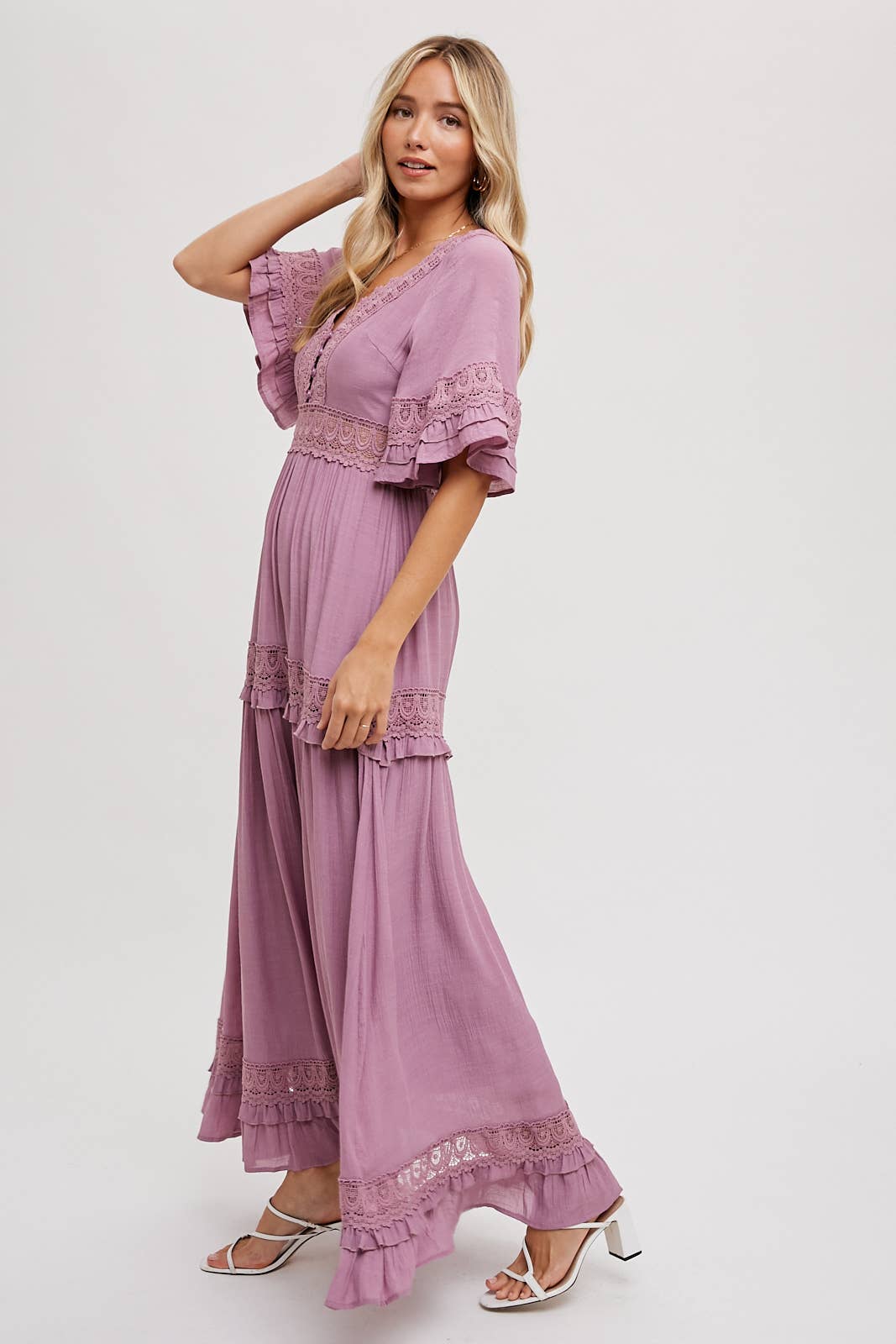 V-NECK LACE TRIM MAXI DRESS