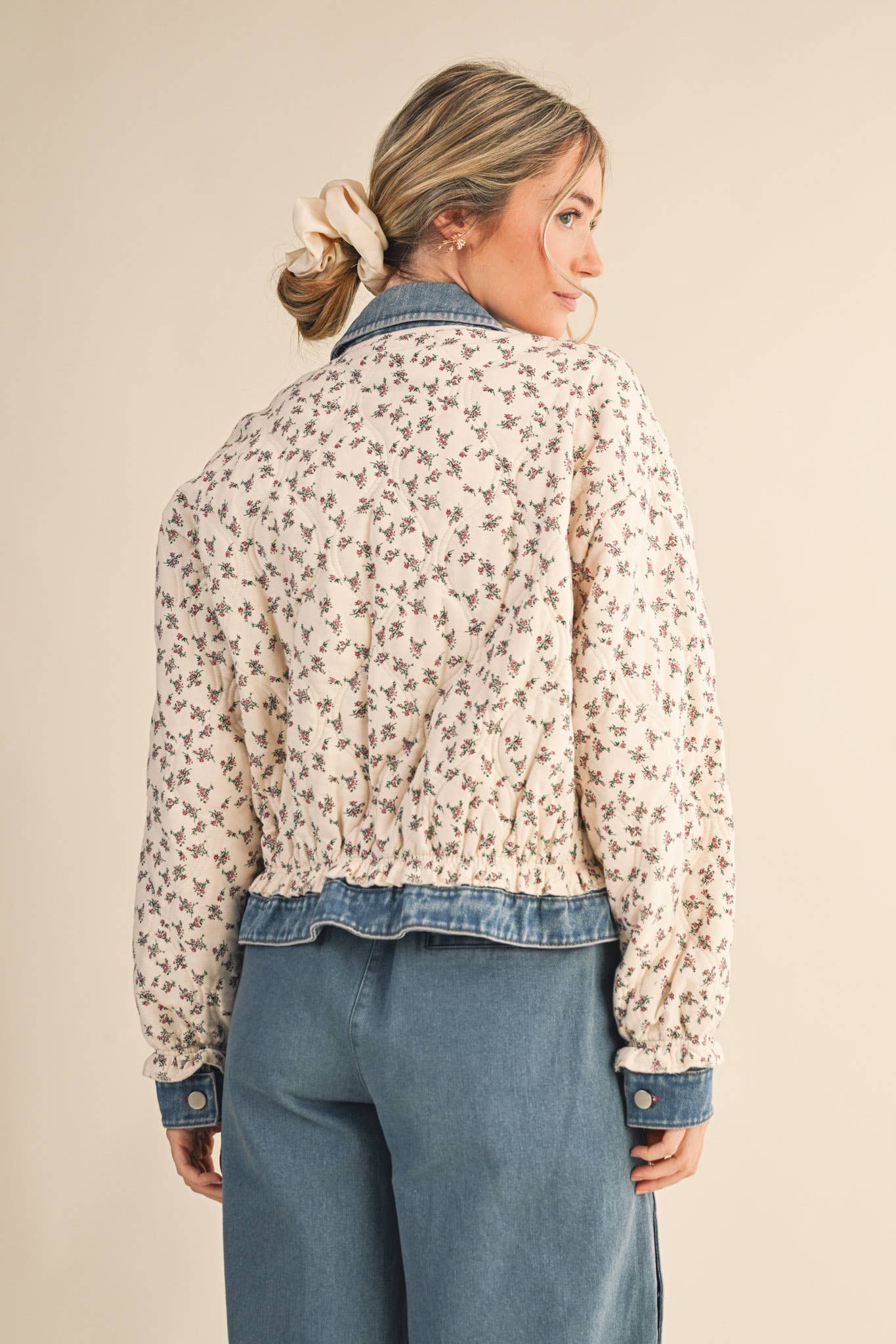 Floral Quilted Jacket With Denim Contrast