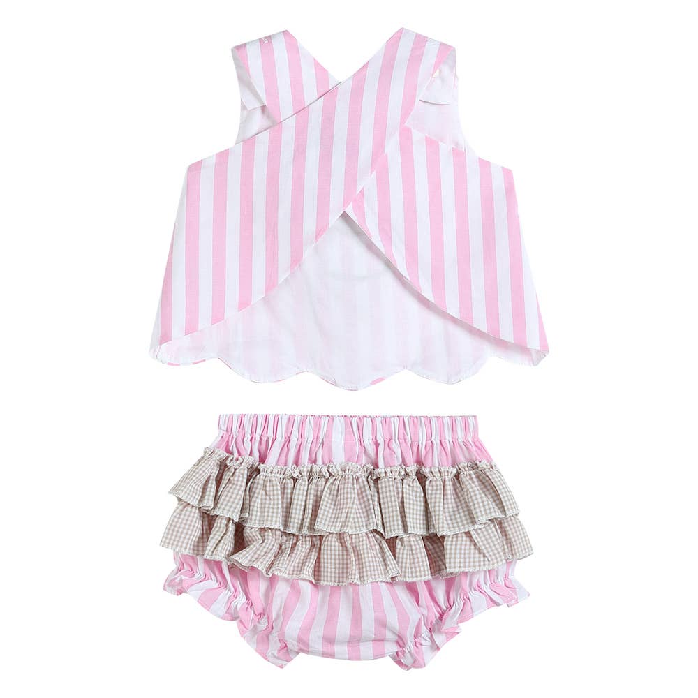 Pink Stripe Cupcake Applique Top & Bloomer Set