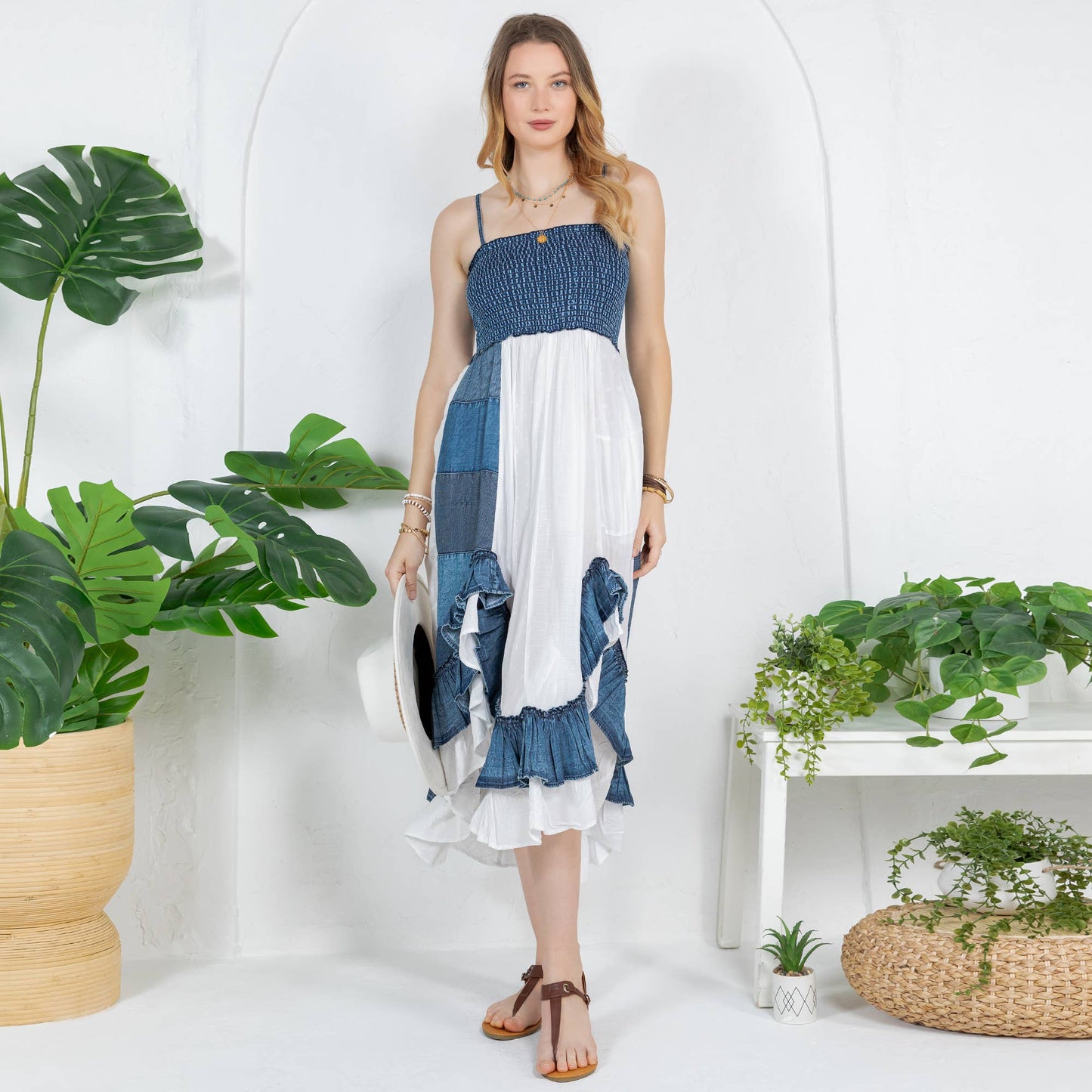 Ruffled Midi Dress with Denim Inserts
