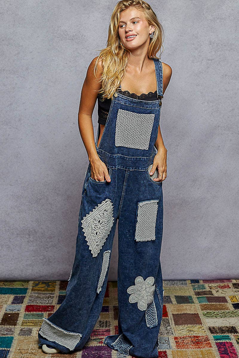 Indigo Denim Crochet Patch Overalls