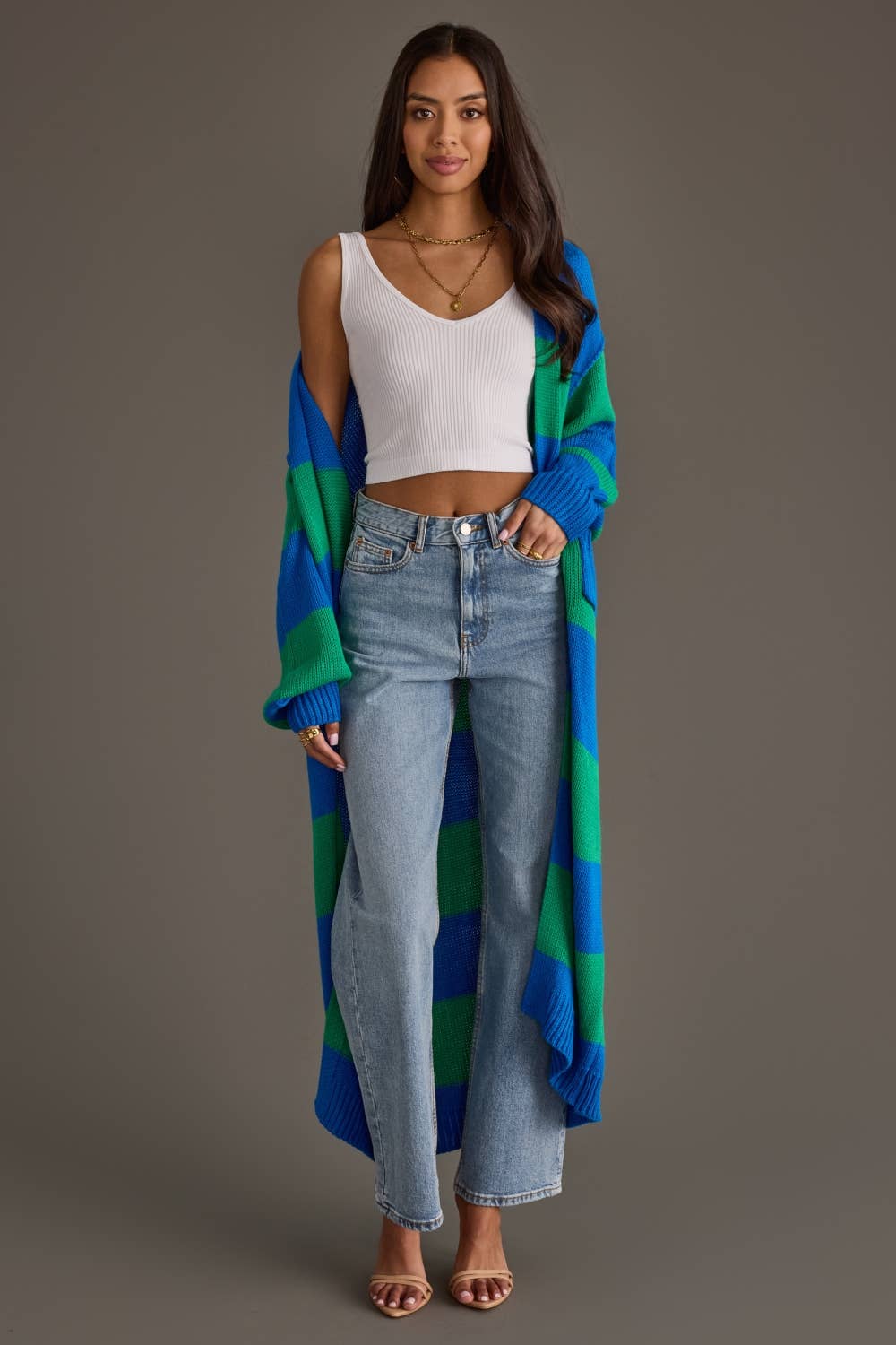Royal Blue & Green Striped Duster Cardigan