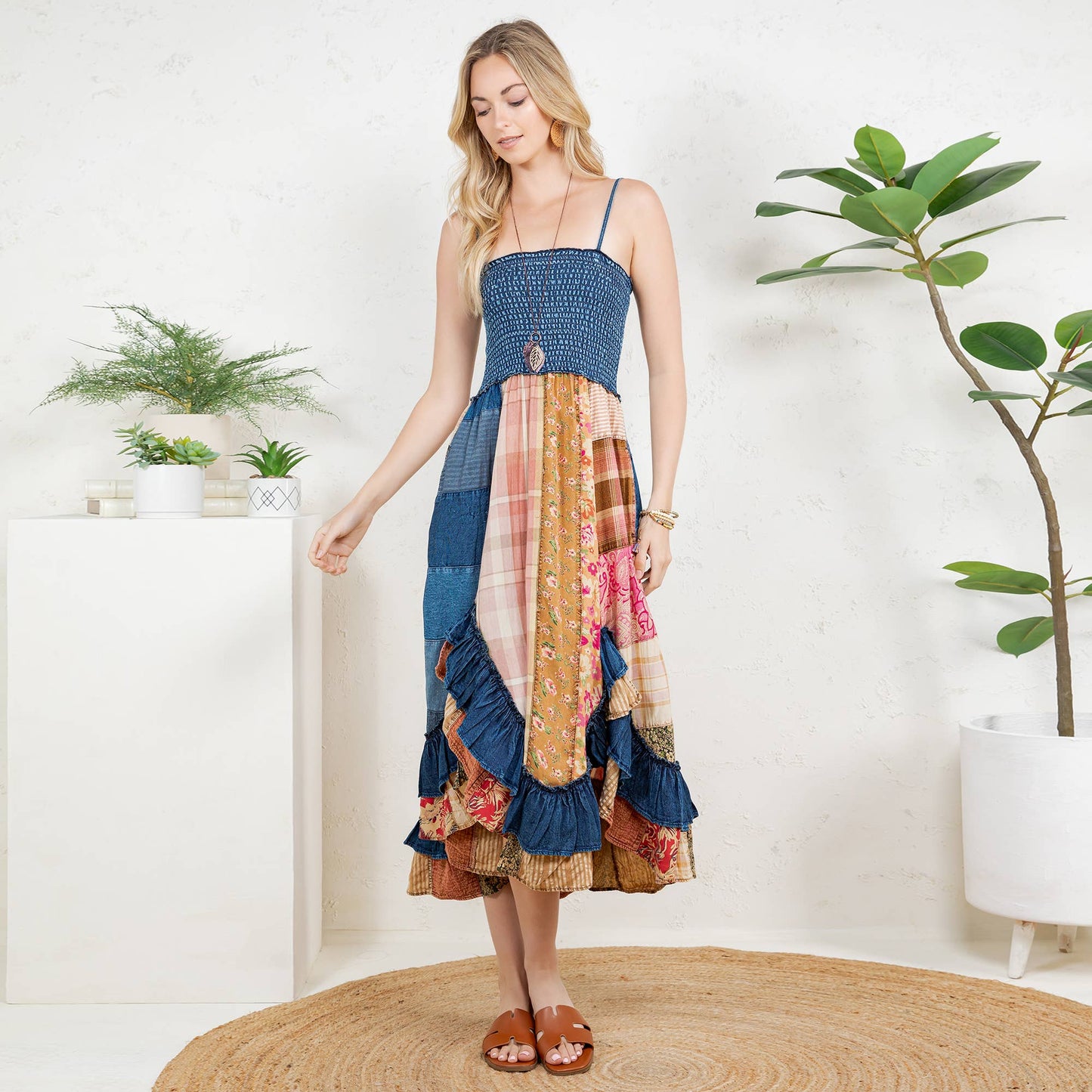 Ruffled Midi Dress with Denim Inserts