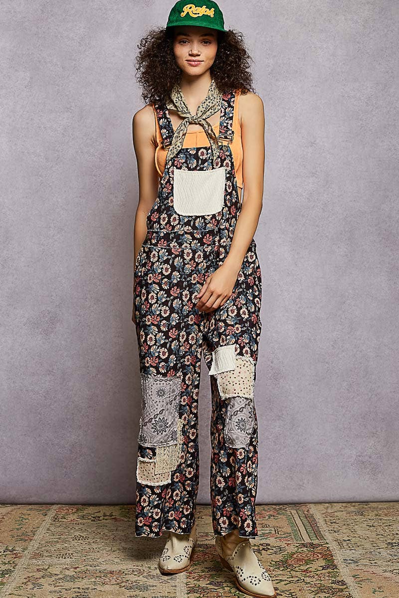 Black Multi Floral Corduroy Overalls