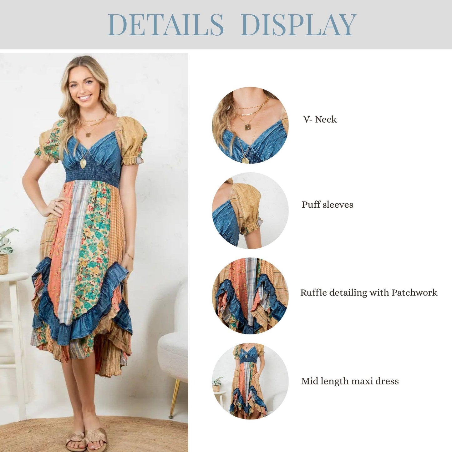 Ruffled Asym Hem Midi Dress with Denim Inserts