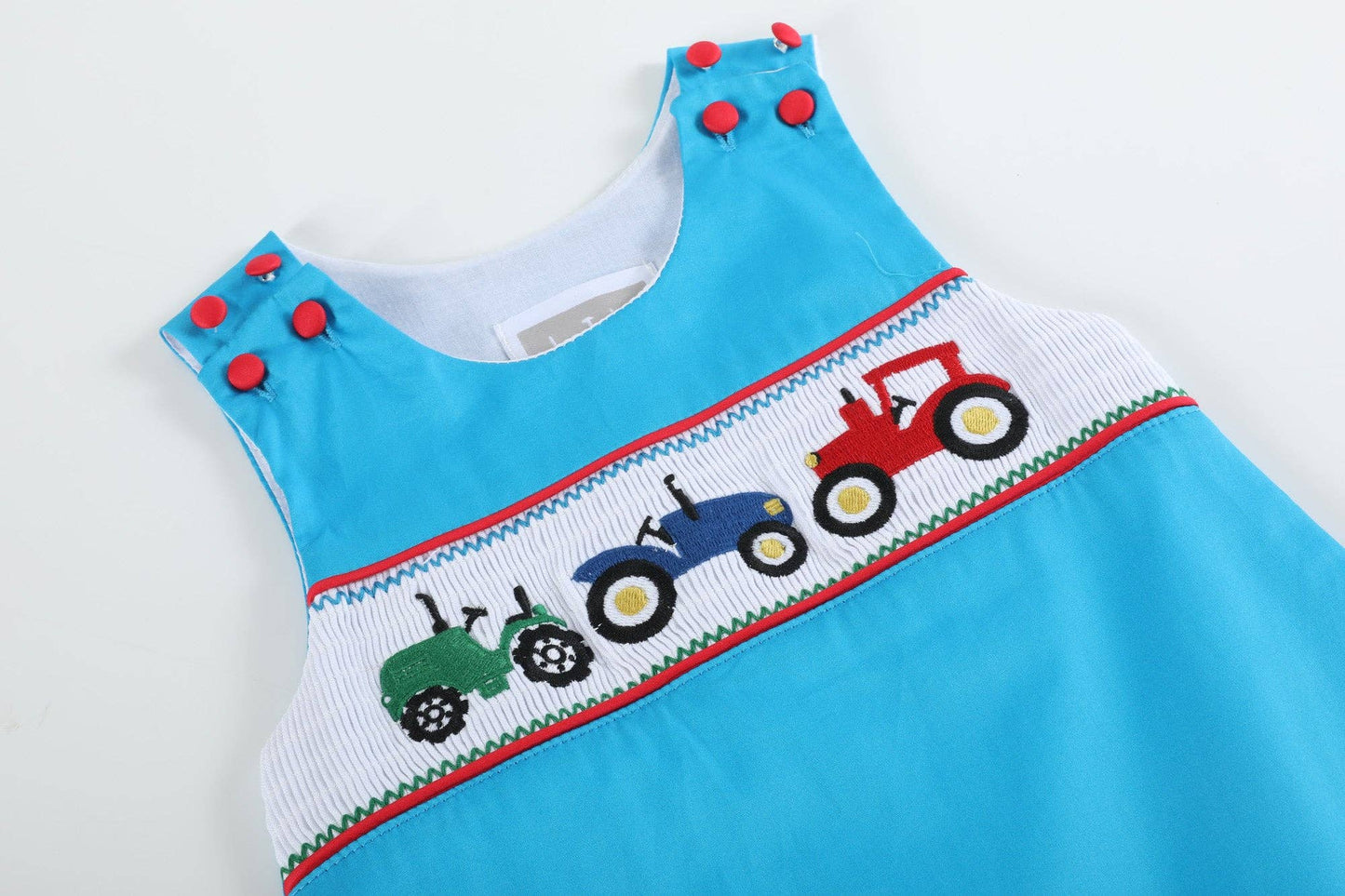 Blue Tractor Smocked Shortalls