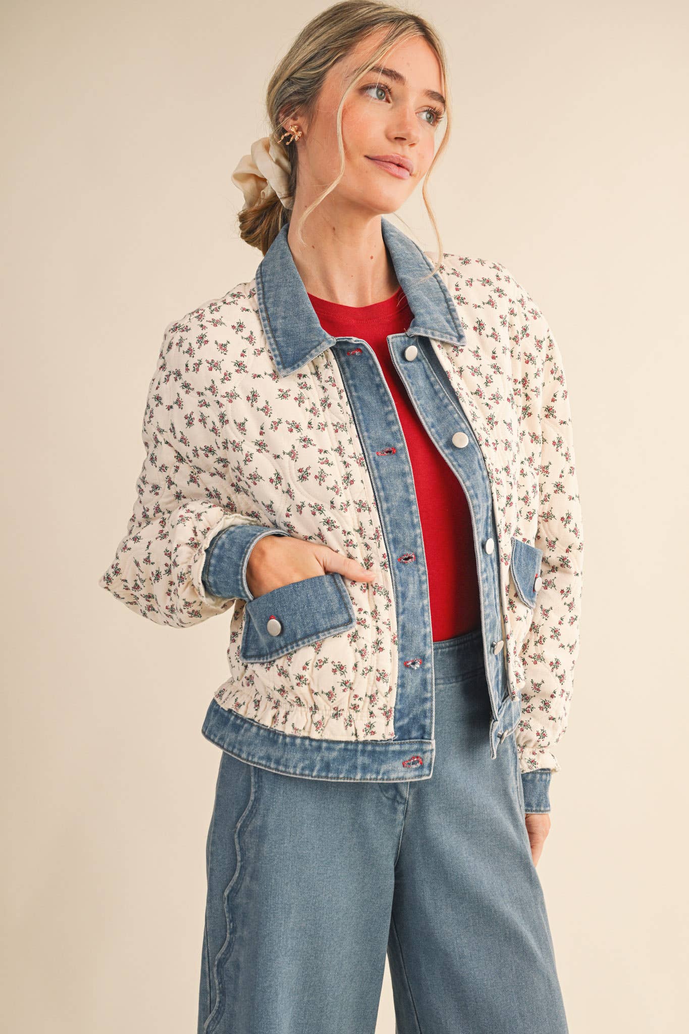 Floral Quilted Jacket With Denim Contrast