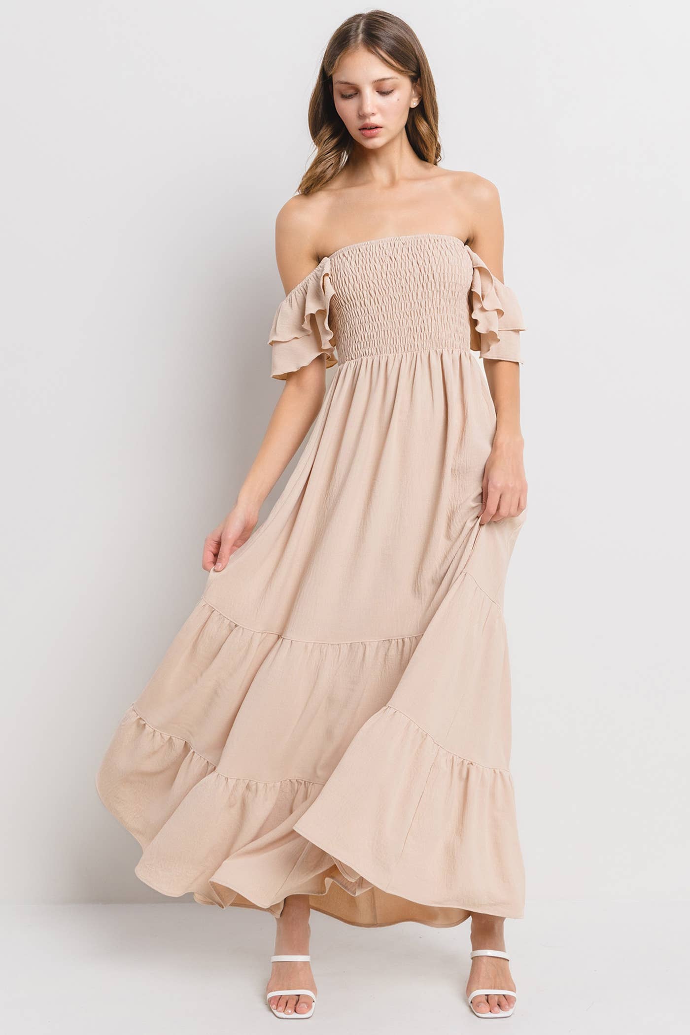 Solid Flared Sleeve Long Tiered Dress