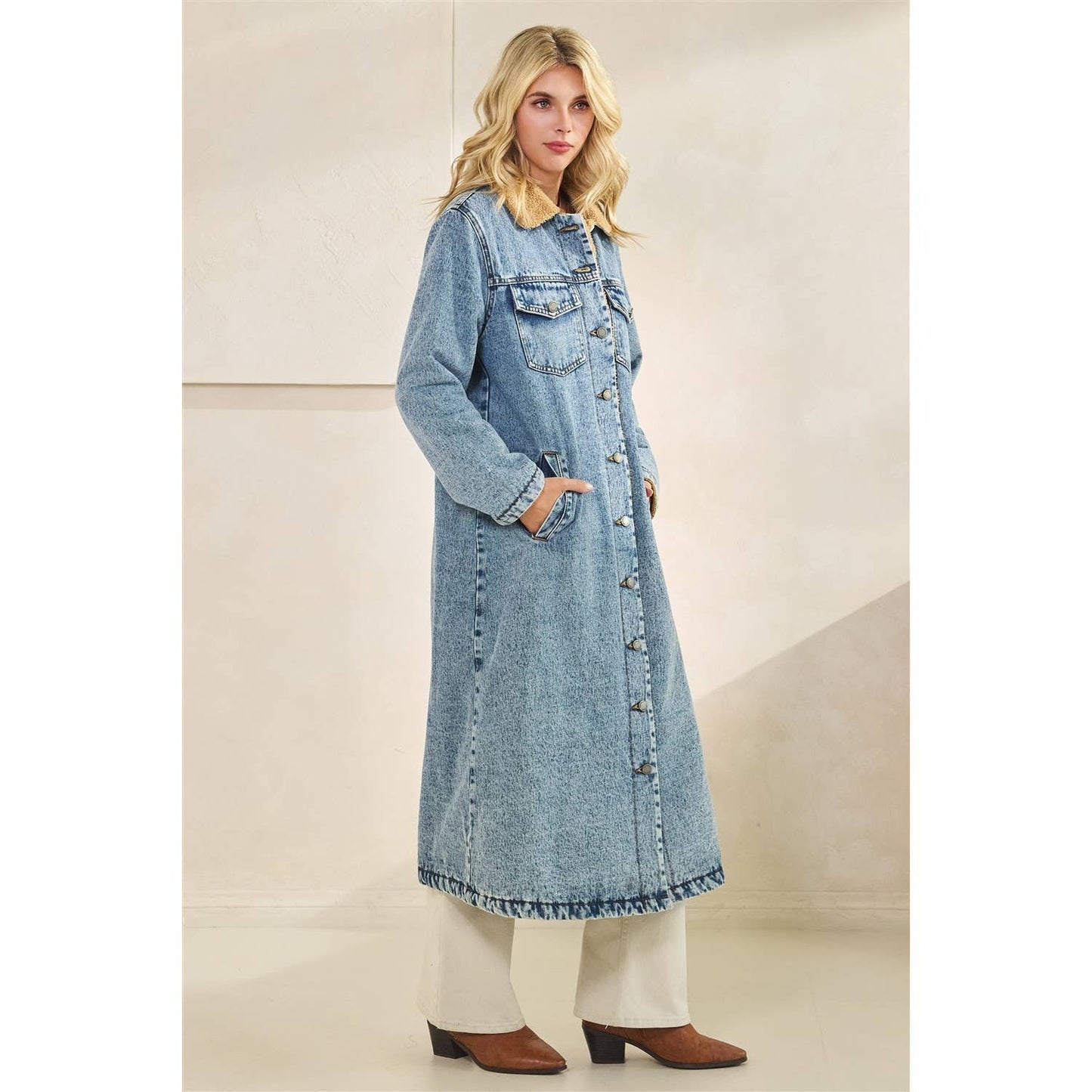 Teddy Lined Long Denim Jacket