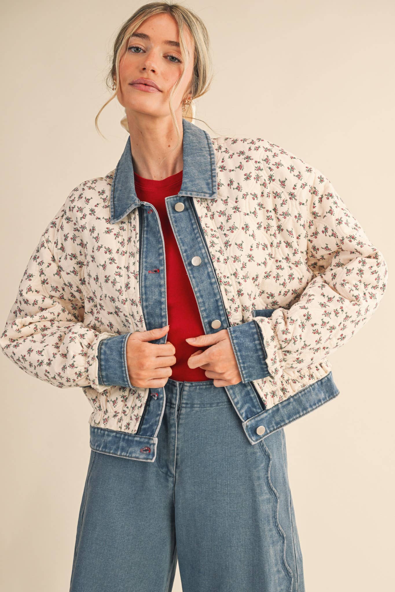 Floral Quilted Jacket With Denim Contrast