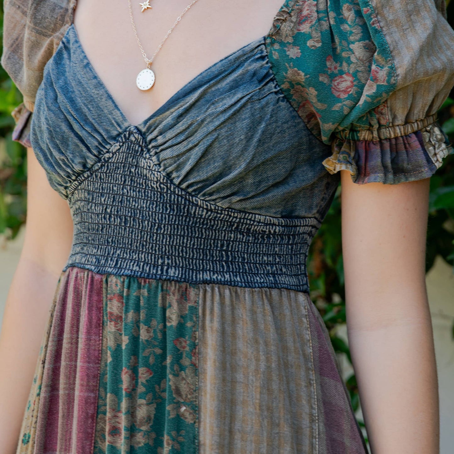 Ruffled Asym Hem Midi Dress with Denim Inserts