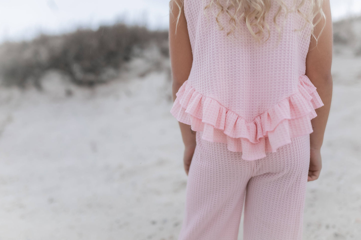 Kids Pink Ruffle Waffle Knit Spring Summer  Set