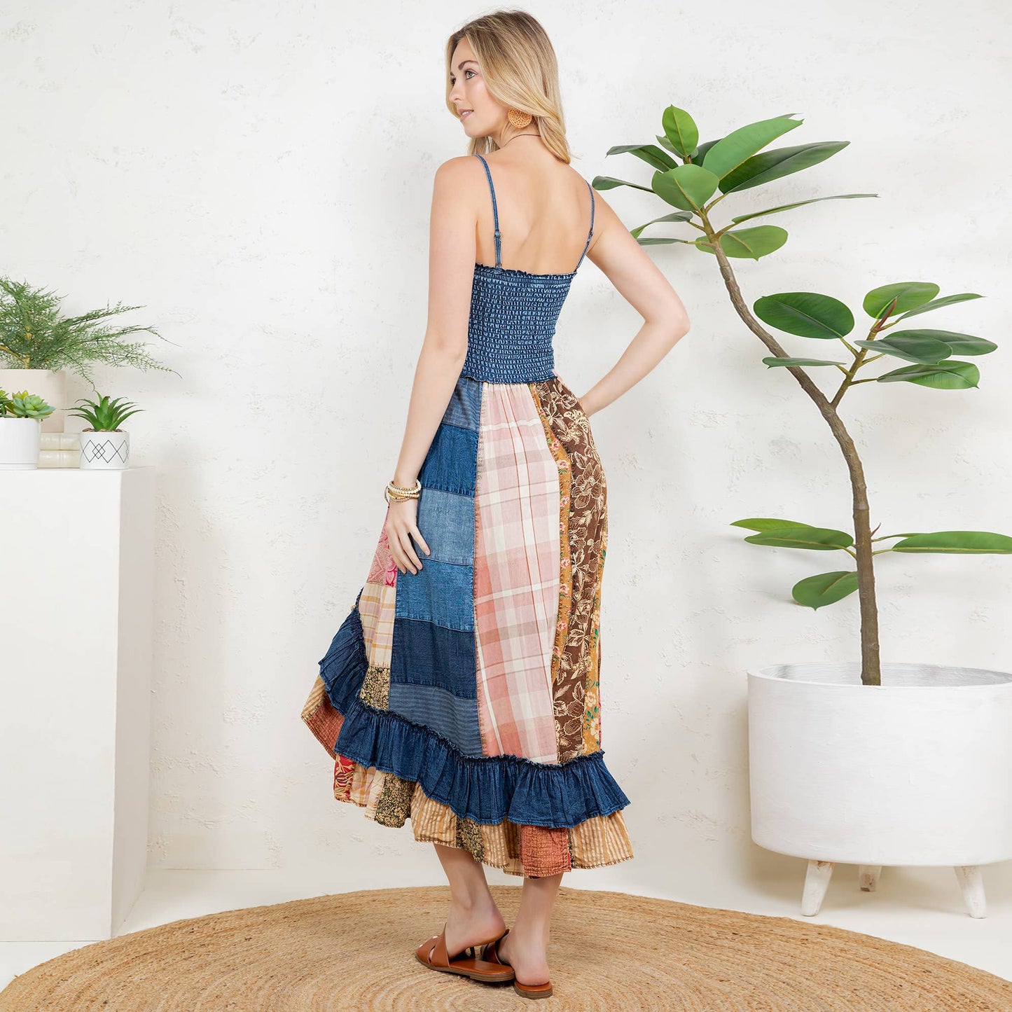 Ruffled Midi Dress with Denim Inserts