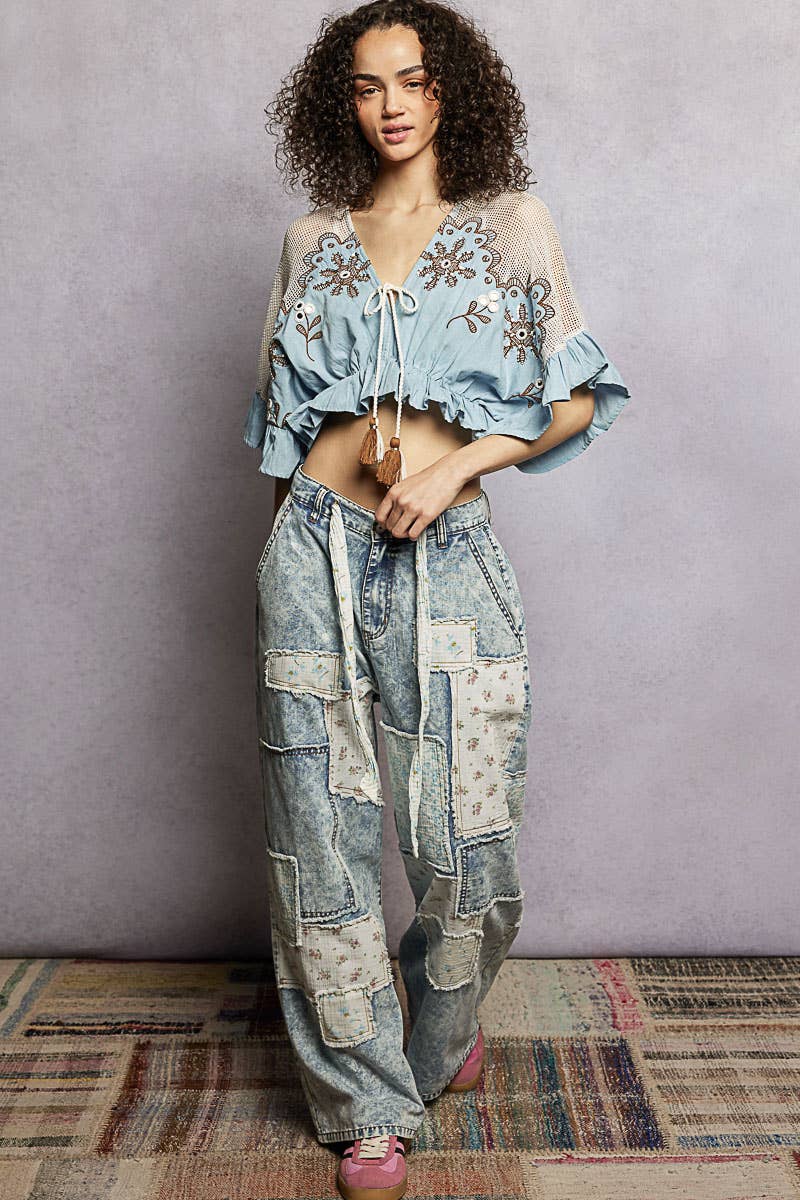 Patchwork Detail Denim Straight Fit Pants