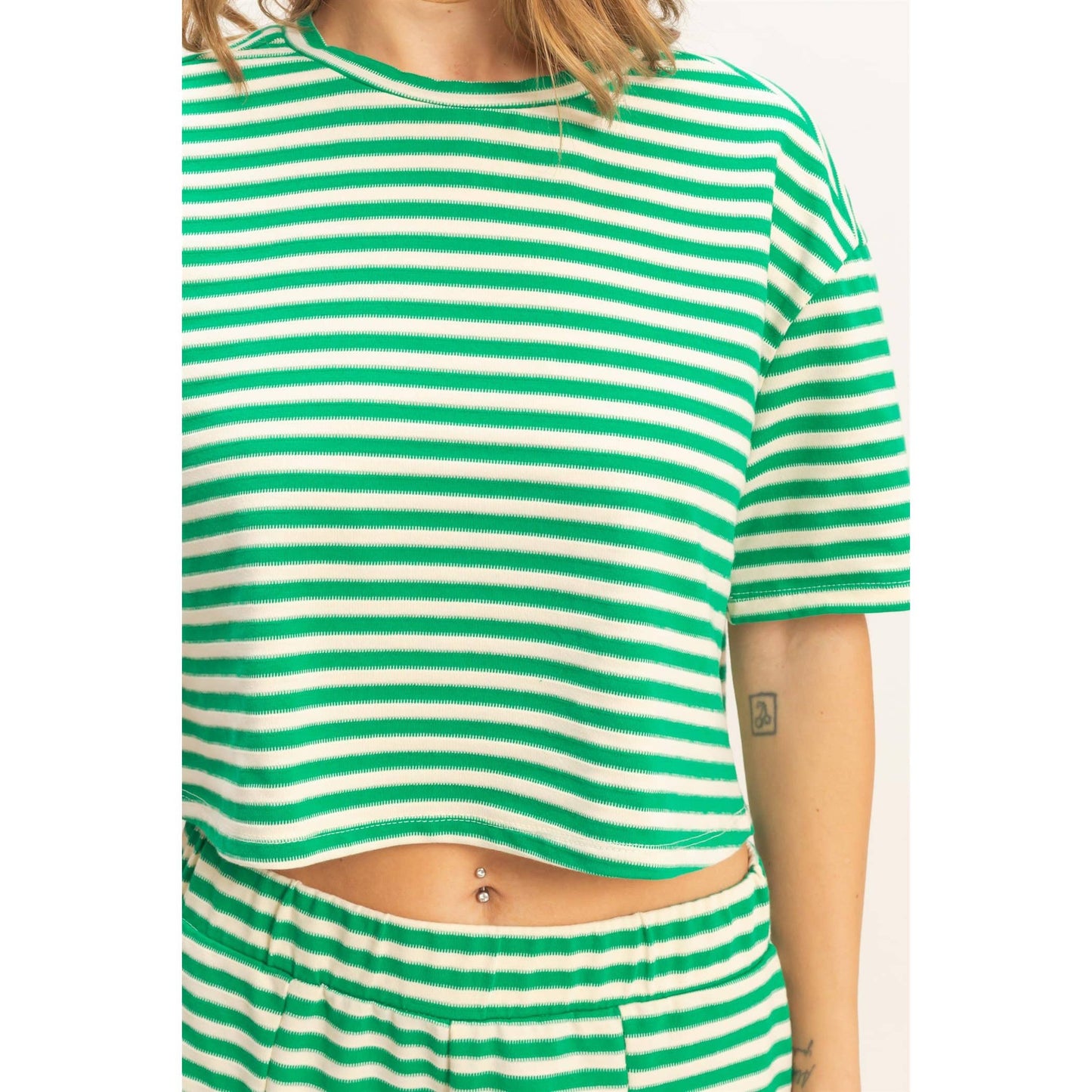 Green Striped Crew Neck Short Set