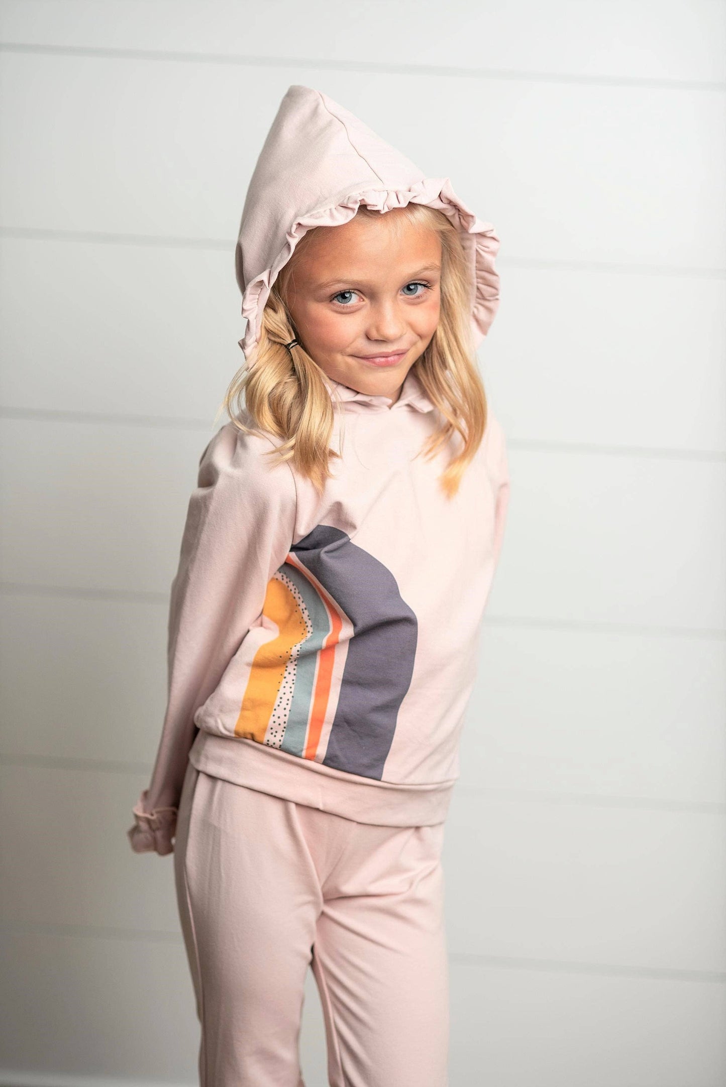 Girls Blush Pink Rainbow Hooded Sweatsuit Lounge Set