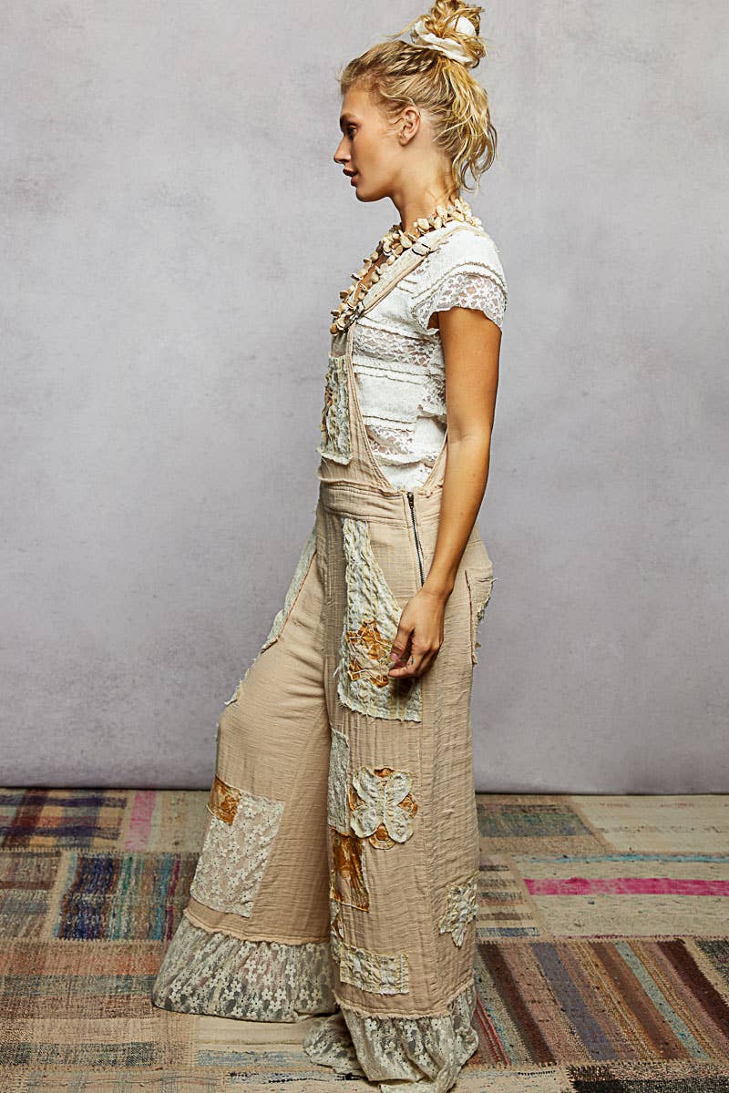 Double Gauze Lace Contrast Side Zipper Patchwork Overalls