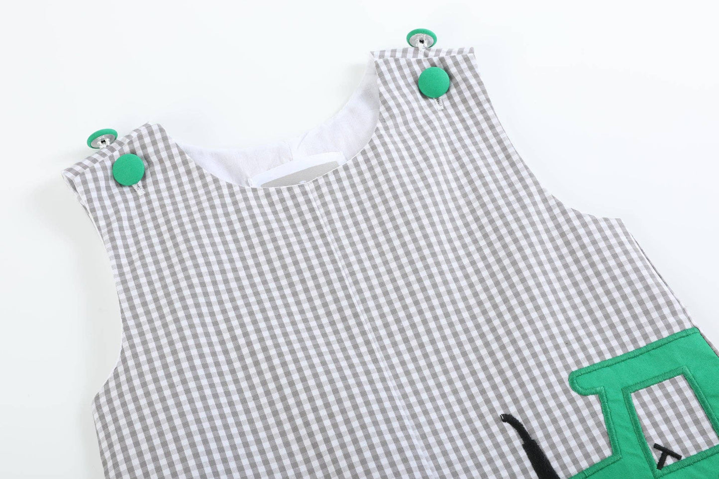 Gray Gingham Green Tractor Applique Shortalls