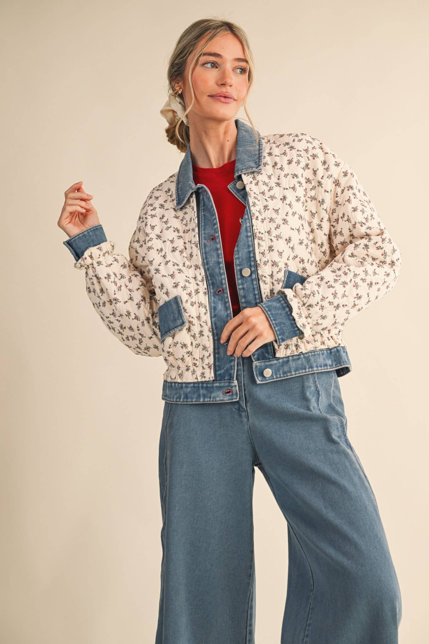 Floral Quilted Jacket With Denim Contrast