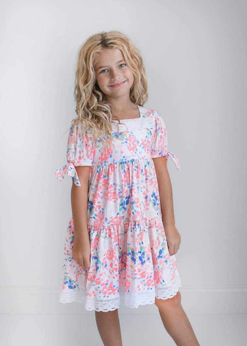 Kids Pink & Blue Lace Tiered Square Neck Spring Easter Dress