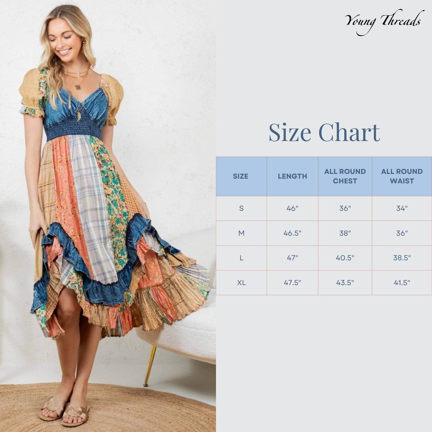 Ruffled Asym Hem Midi Dress with Denim Inserts