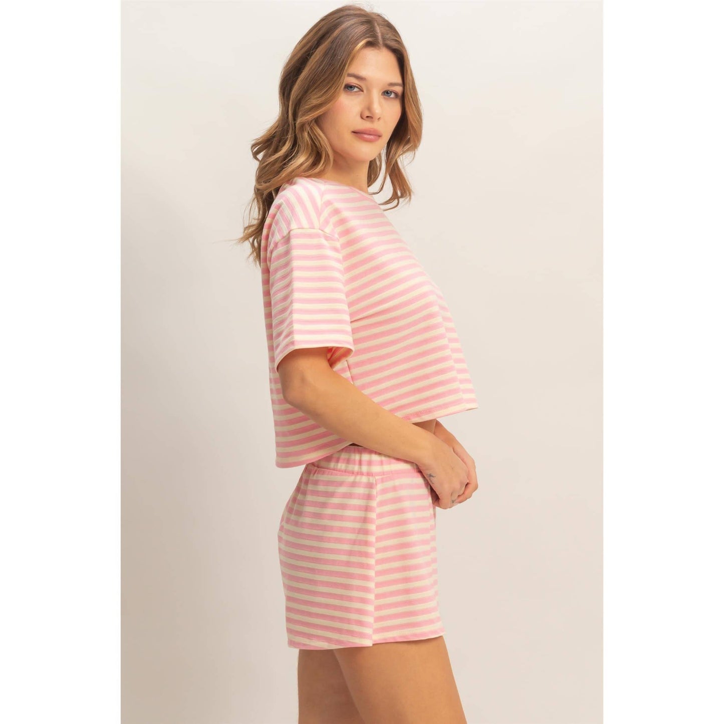 Pink Striped Crew Neck Short Set