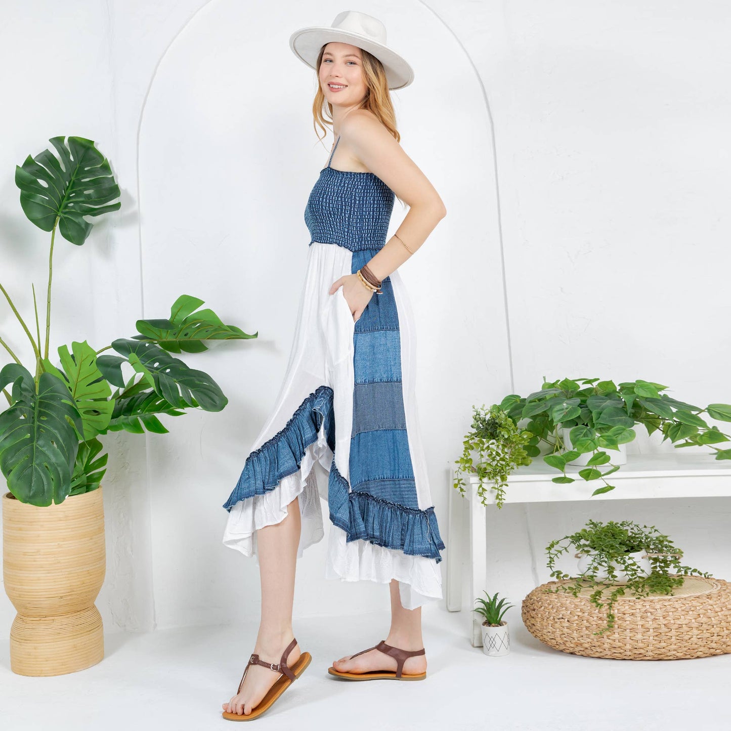 Ruffled Midi Dress with Denim Inserts