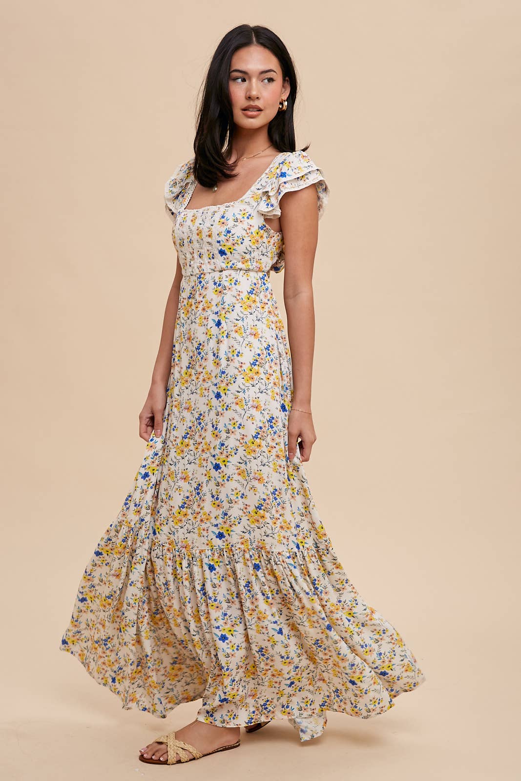 Viscose Floral Square Neck Maxi Dress