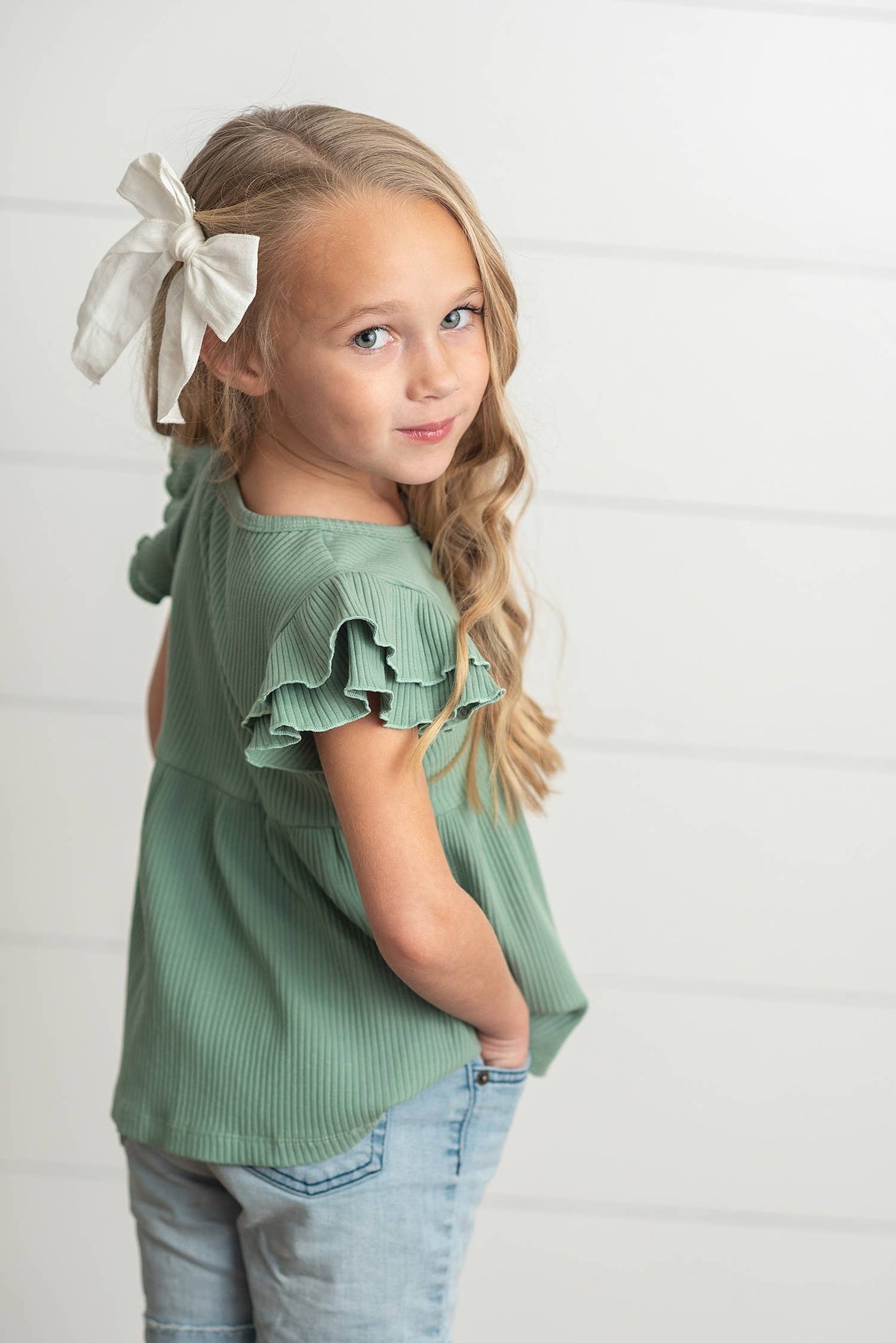 Kids Sea Green Double Ruffle Flutter Sleeve Spring Shirt