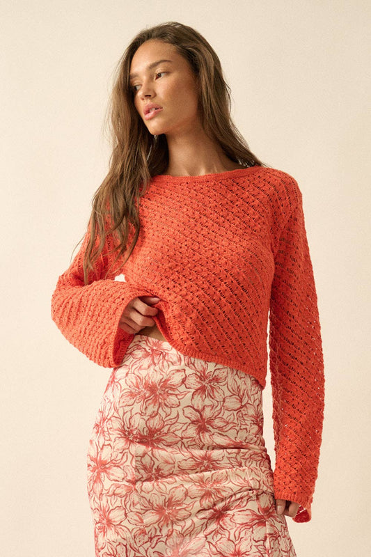 Crochet-Knit Bell-Sleeve Cropped Sweater