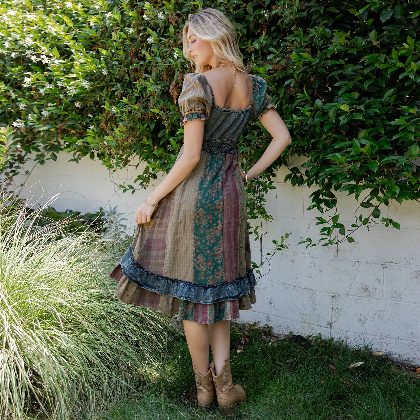 Ruffled Asym Hem Midi Dress with Denim Inserts