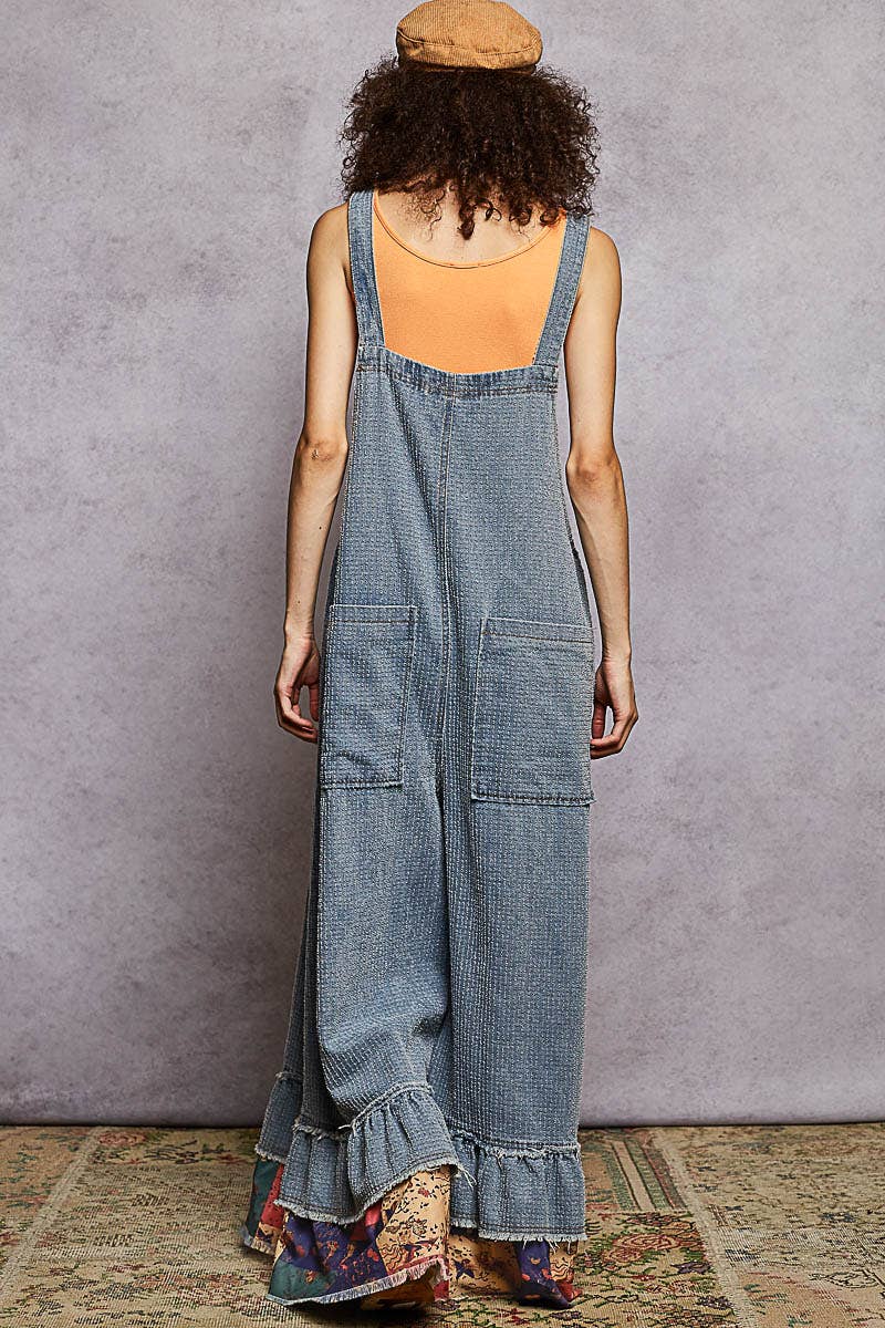 Textured Denim Contrast Ruffle Woven Overalls