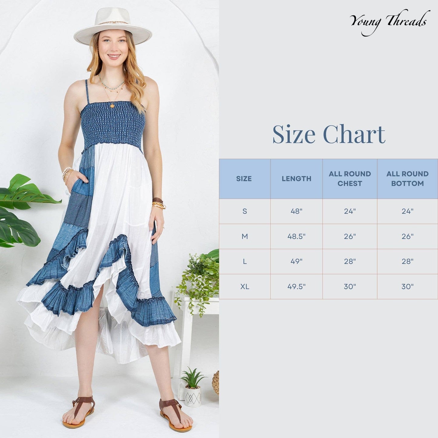 Ruffled Midi Dress with Denim Inserts