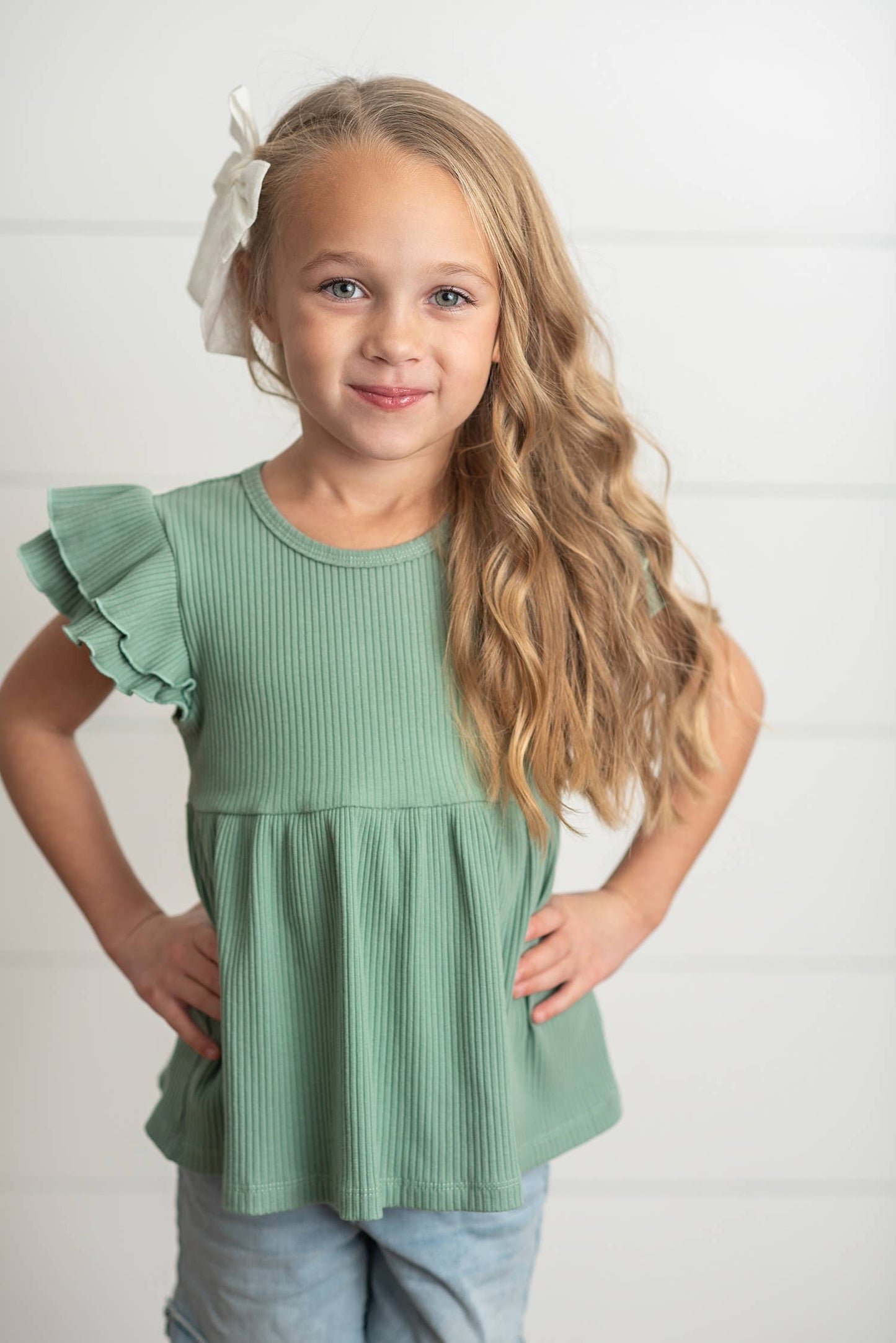 Kids Sea Green Double Ruffle Flutter Sleeve Spring Shirt